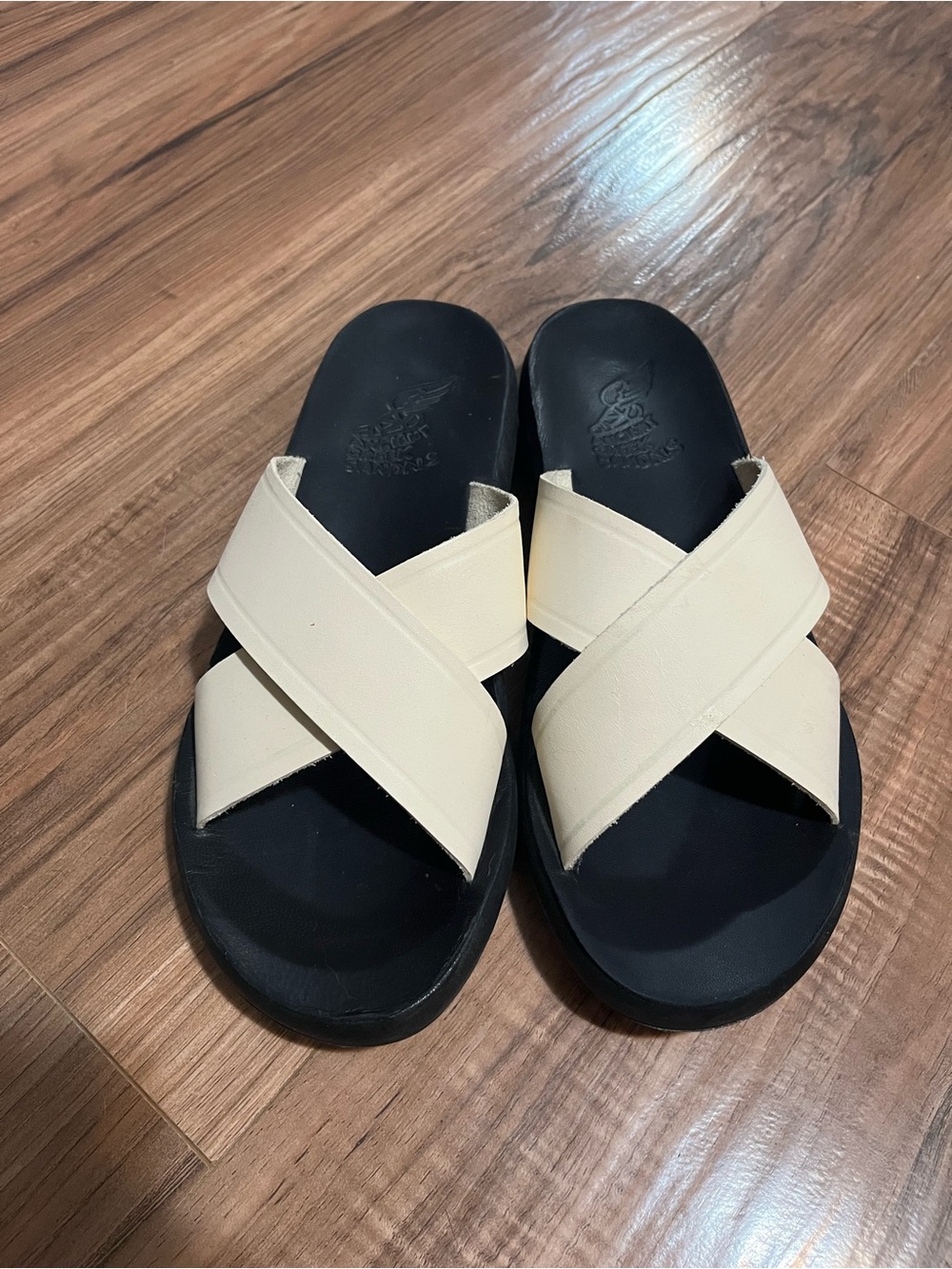 Ancient Greek Sandals Cream and Black Crisscross Slide Sandals